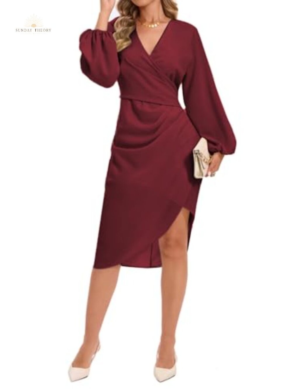 Women's Wrap V Neck Asymmetrical Hem Midi Ruched Cocktail Evening Dress